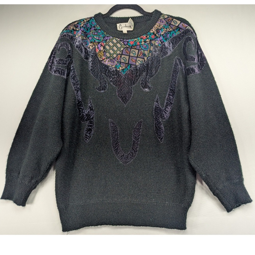 Carducci Vintage 80s 90s Black Knit Sweater Lurex Paisley Velvet‎ Applique